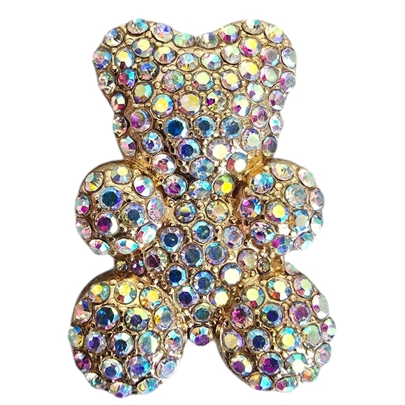 Teddy Bear Rhinestone Gold Iridescent Brooch Blue Pink Lapel Scarf Crystal - Picture 2 of 4